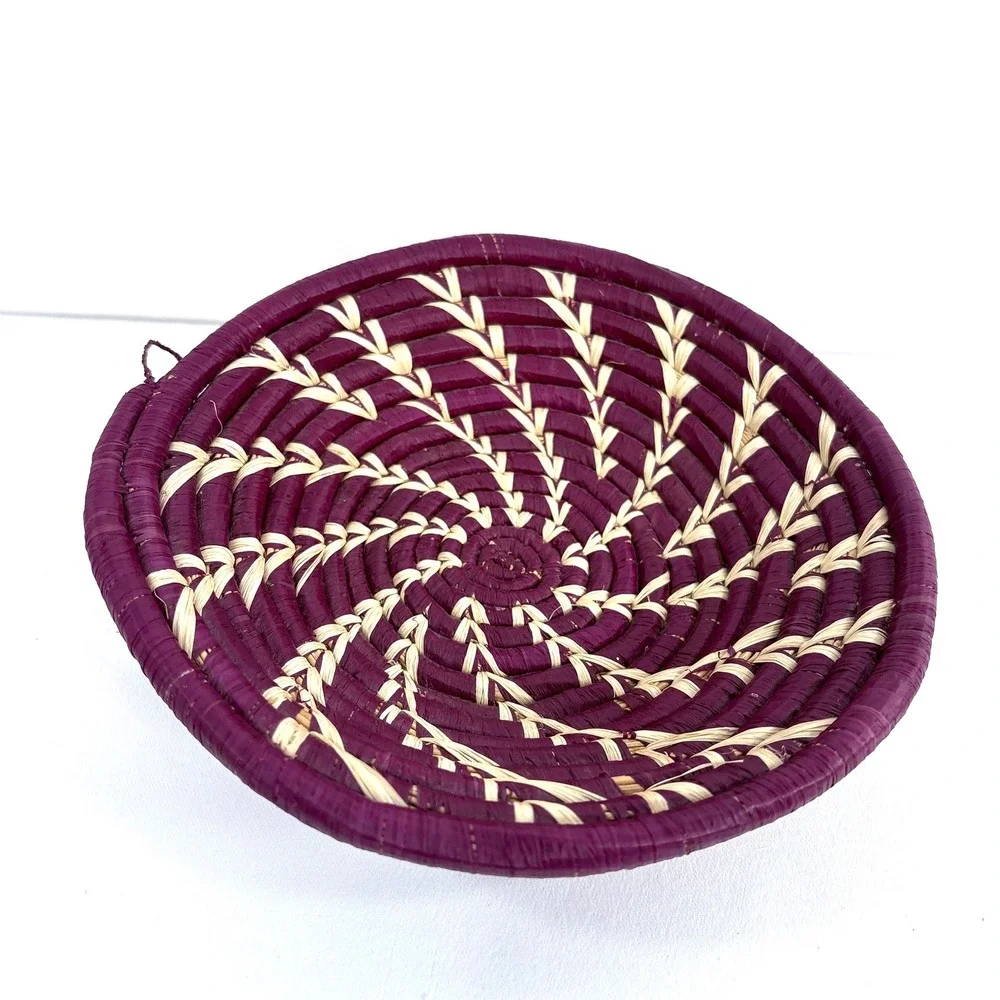 Handmade Woven Basket Bowl Purple Natural Raffia Spiral Wall Decor 8 Inch